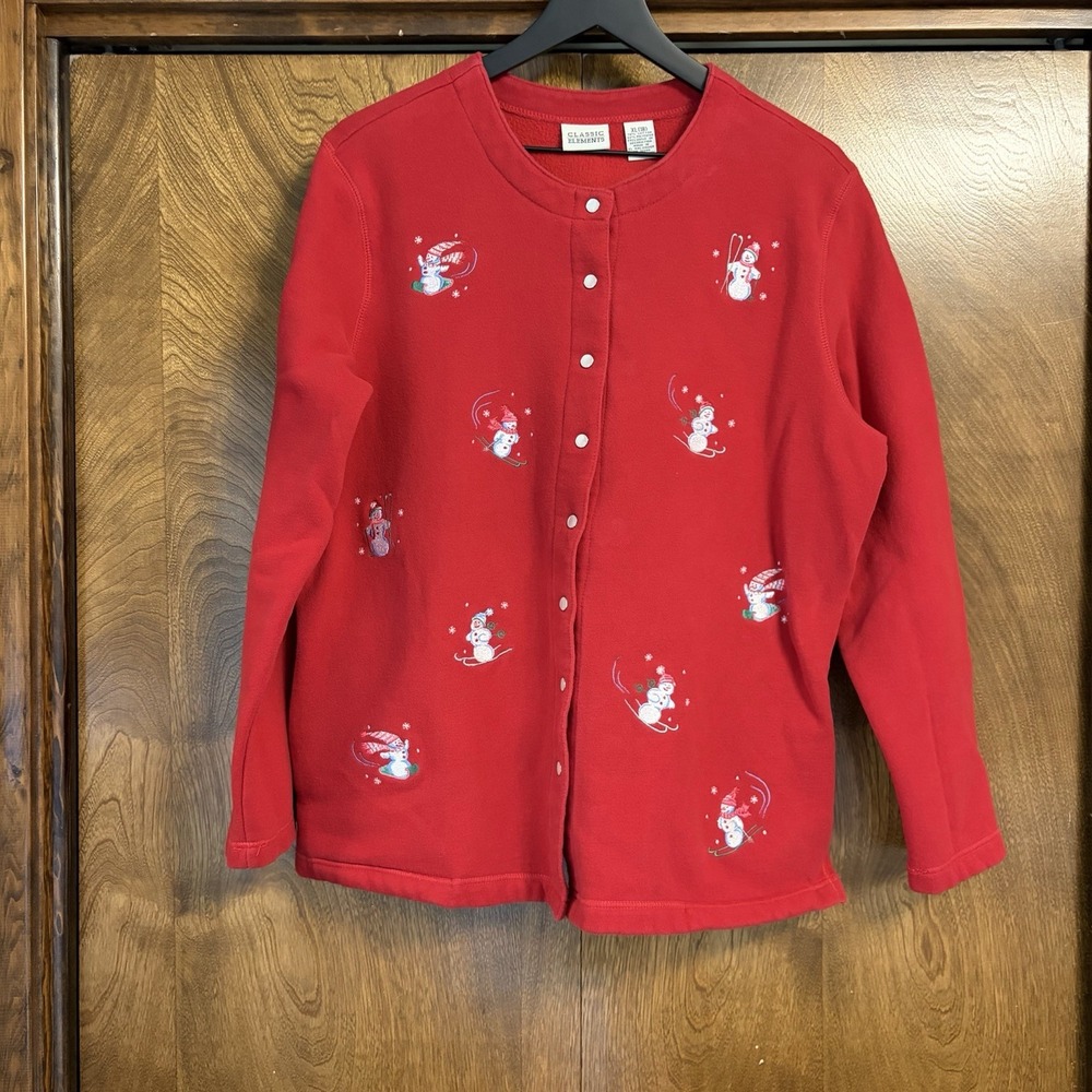 VTG 90s Women's XL 18 Embroidered Red Snowman Skiing Pearl Snap Cardigan Pockets